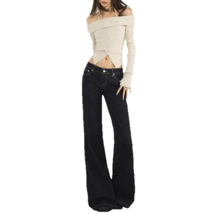 Women's Y2K Baggy Low Waist Wide Leg Straight Leg Full Length Retro Solid Color Denim Jeans for Women Dark Wash Cropped Top