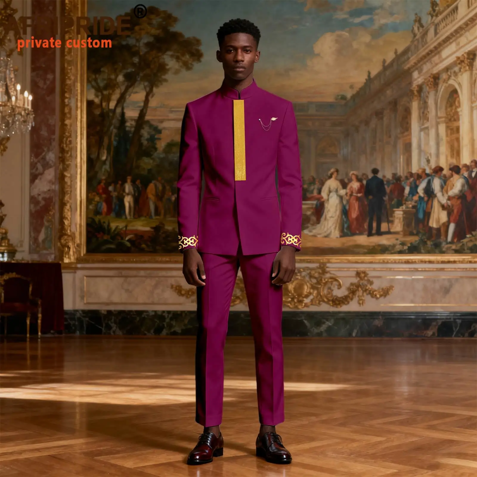 

Мужской деловой костюм: приталенный однобортный пиджак с вышивкой-брошью и брюки, комплект для официальных мероприятий, африканская одежда 2516126