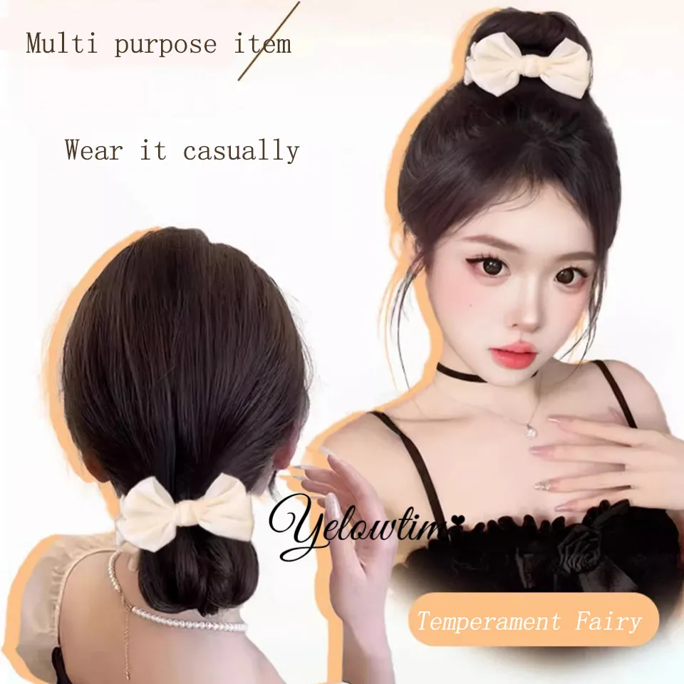 YELOWTIM Synthetic bow Hair Bun Chignon Messy Curly Hair Band Elastic Scrunchy False Hair Pieces For Women Hairpins Black Brown