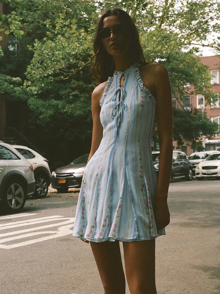 Summer 2026 New Floral Print Layered Neck Dress Gown Women's Clothing Short Skirt Length Sleeveless Daily Occasion