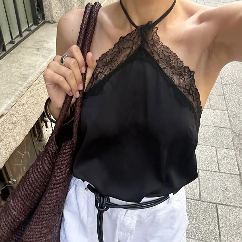 

Linad Sexy Black Lace Halter Camisole Elegant Satin Backless Tops For Women Street Chic Sleeveless Split Vests Female 2025 Bow