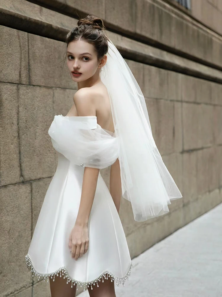 Mini vestido de cetim com trem destacável para mulheres, vestido de noiva, elegante vestido de noivado, fotos reais, flores, 2497 #