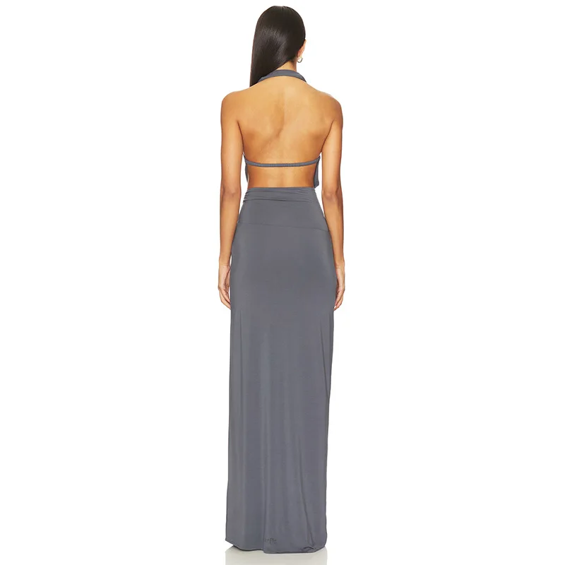 Women's New Solid Color Hanging Neck V-Neck Long Dress Triangular Buckle Hollow Out Backless Elastic Rope Fashion Dress