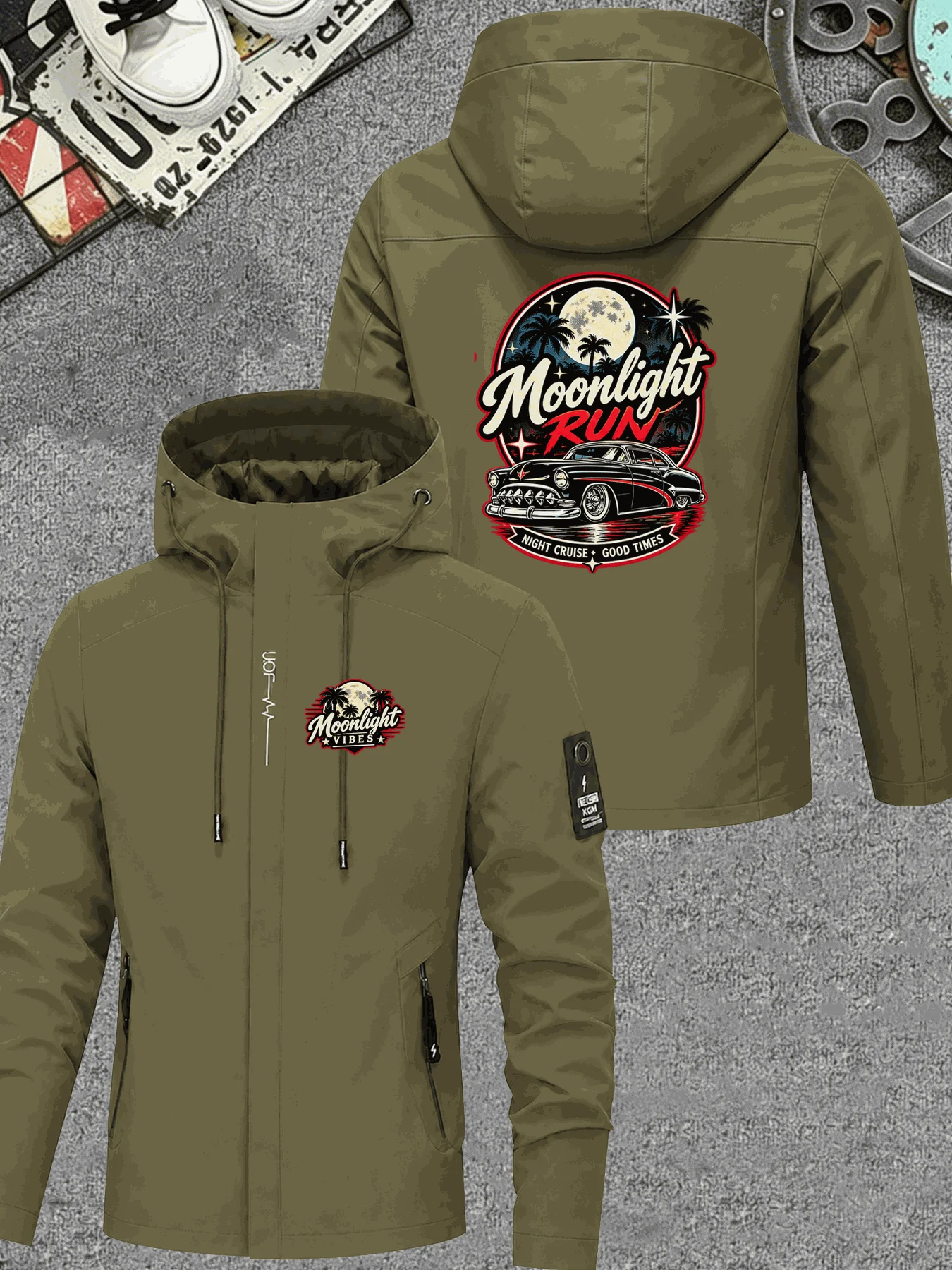 Men Hooded Jacket Moonlight Run Light Graphic Print Zip Up Windbreaker Casual Streetwear Autumn Coat