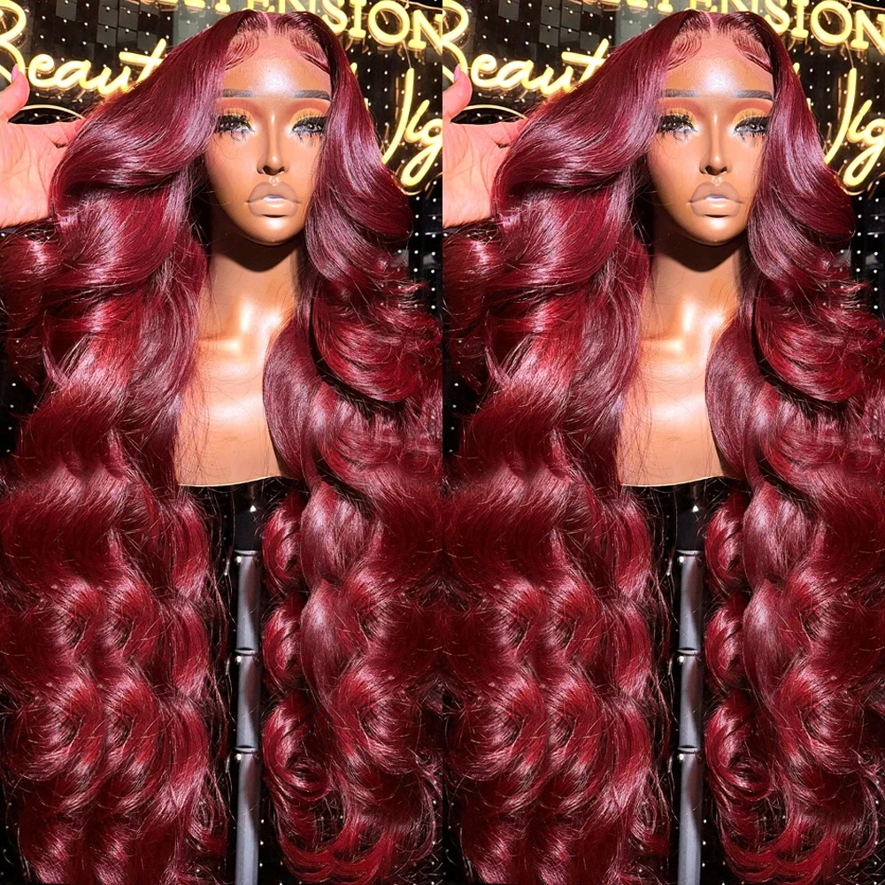 Perruque Lace Front Wig Body Wave Brésilienne Naturelle, Cheveux Humains, Couleur Bordeaux, 13x6, 13x4, HD 99j, Pre-Plucked, 180%, pour Femme