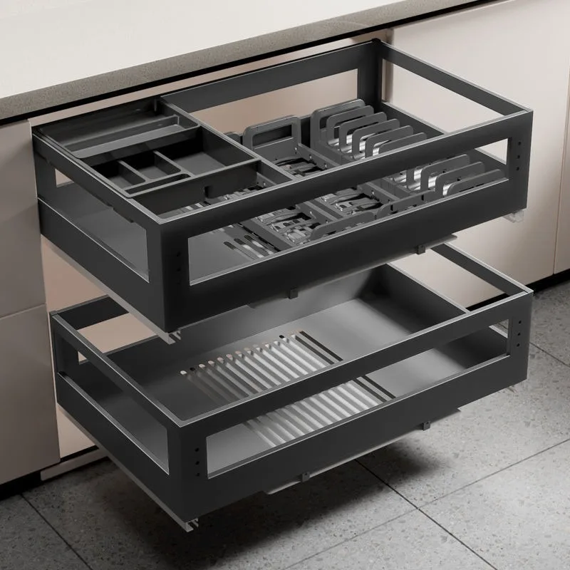 Nano Black Pull Basket Kitchen Stainless Steel Simple Double Layer Drawer Bowl and Plate Rack Storage Seasoning Built