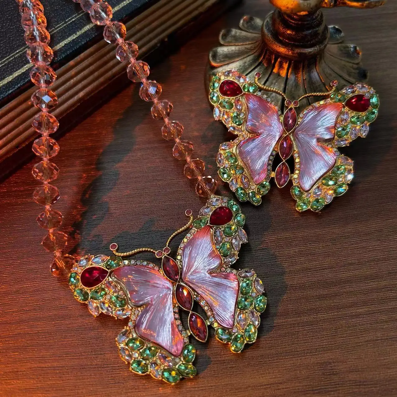Butterfly pink rhinestone cute sweet necklace Brooch earrings