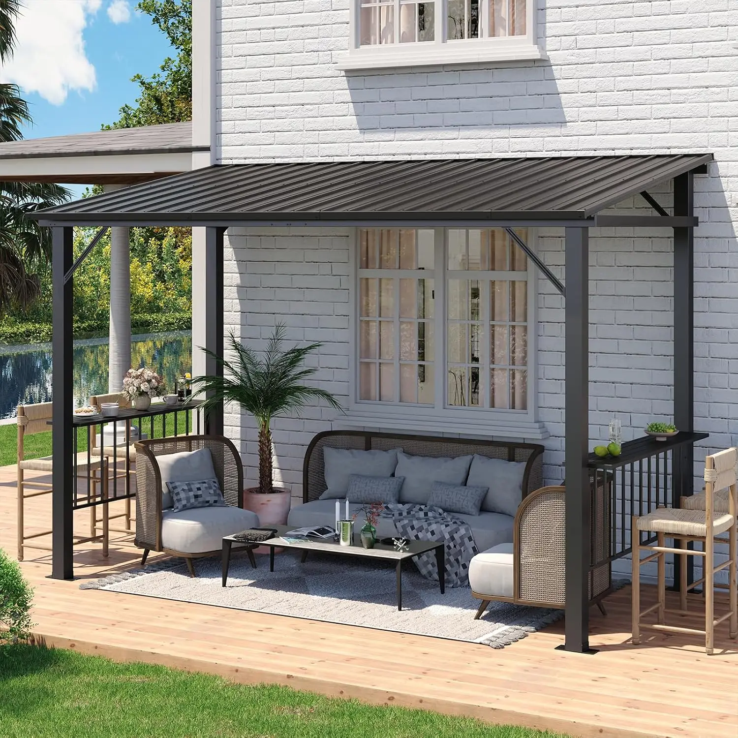 12x6FT Hardtop Grill Gazebo Sloping Steel Roof, Outdoor BBQ Canopy 2 Side Shelves & Hooks, Metal Patio Shelter, Customized