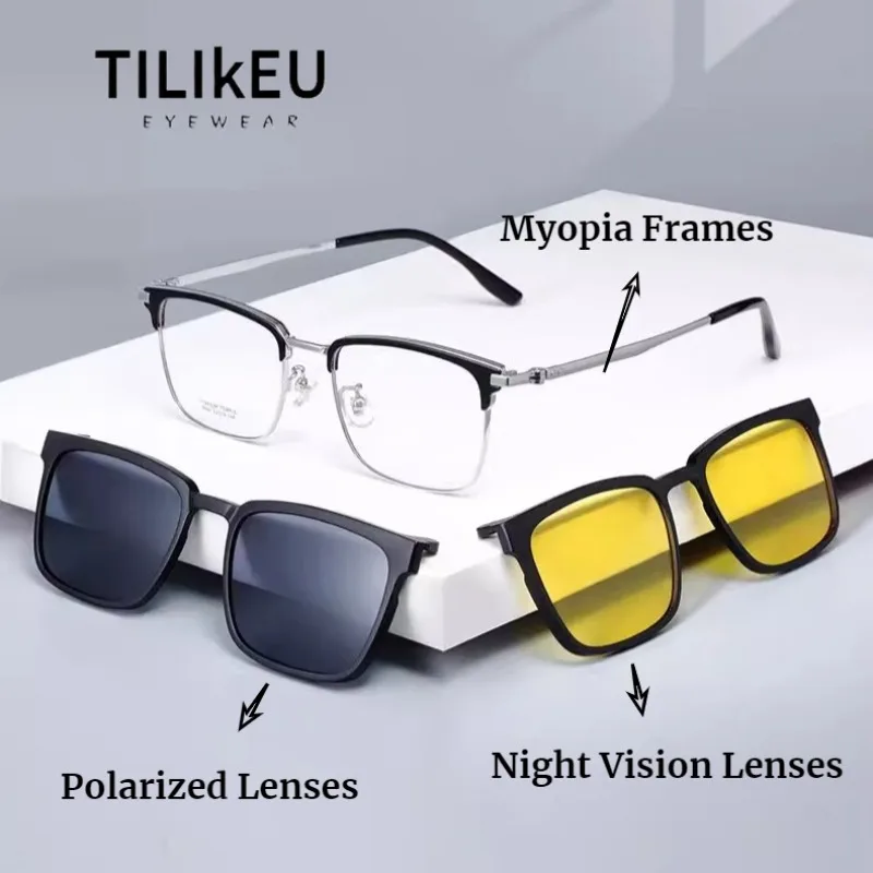 

New Magnetic Titanium Alloy Flip up Men Magnetic Eyeglasses Frame (Polarized + Night Vision) 2 in1 Myopia Polarized Sunglasses
