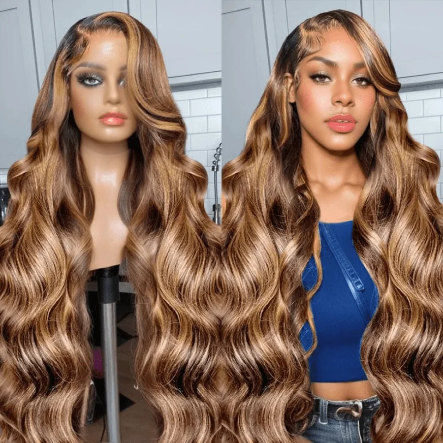34 Inch Highlight 4 27 Colored Body Wave 13x4 Transparent Lace Frontal Wig Brazilian Pre Plucked With Baby Hair Honey Blonde Wig image 2