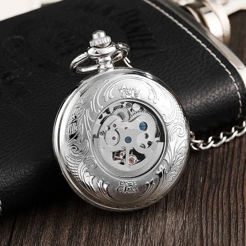 Mechanical Hand Winding Pocket Watch Blue Roman Numerals Display Transparent Cover Antique Silver Fob Pendant Pocket Clock