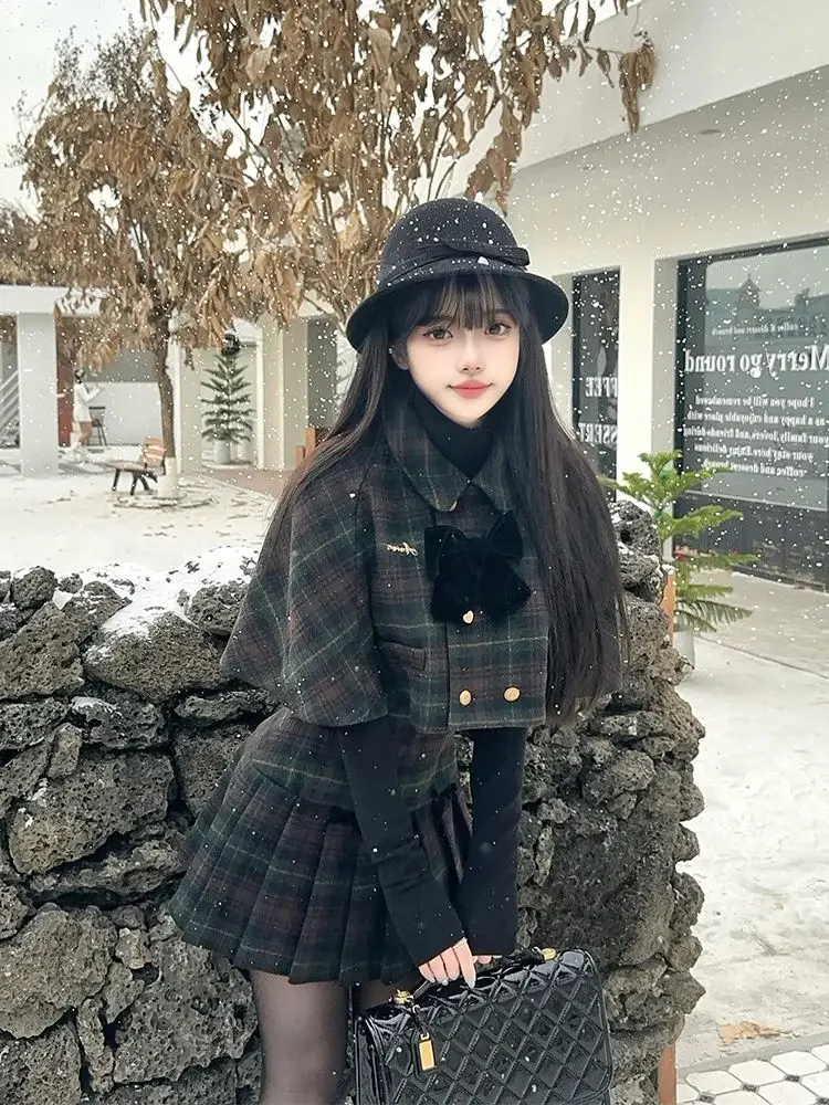 

Накидка с рисунком в британском студенческом стиле, шаль JK, полуюбка, комплект из трех предметов, осенне-зимний темперамент, корейский стиль