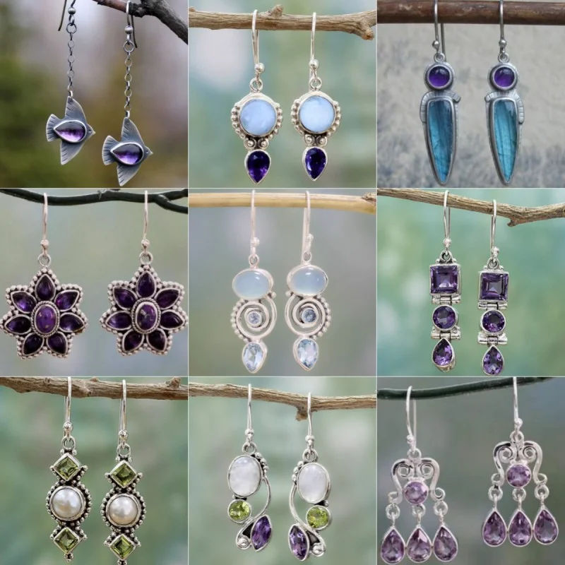 

Bohemian Tribe Plant Leaves Green Blue Stone Earrings 2023 New Women's Vintage Jewelry Ancient Metal Teardrop Pendant Earrings