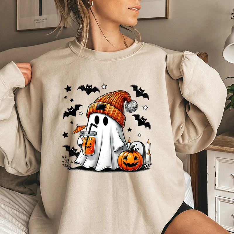 New Women\'s Sweatshirt Halloween Ghost Pumpkin Bat Print Round Neck Pullovers Ladies Autumn Winter Casual Halloween Sweatshirt