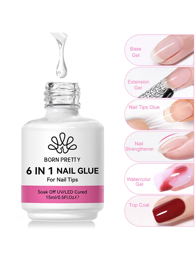 BORN PRETTY 6 IN 1 Nagelklebergel 15 ml für Acrylnägel Soak Off Base Gel Top Coat UV-Verlängerungsnagelgel Falsche Nagelspitzen Gel