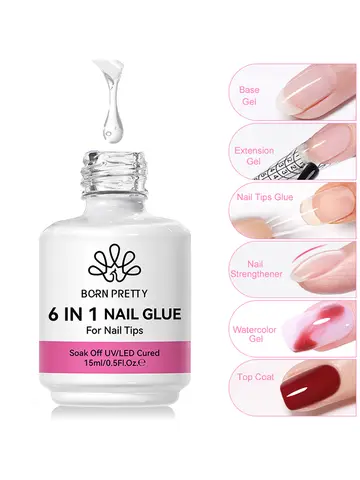 BORN PRETTY 6 IN 1 Nail Glue Gel 15ML for Acrylic Nails Soak off Base Gel Top Coat UV Extension Nail Gel False Nail Tips Gel