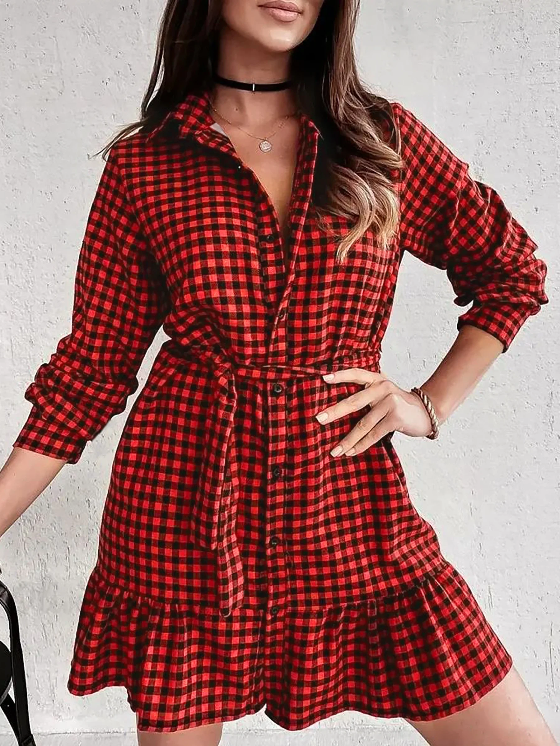 Stylish Plus Size Women's Checkered Shirt Dress with Belt for Trendy Fall Fashion