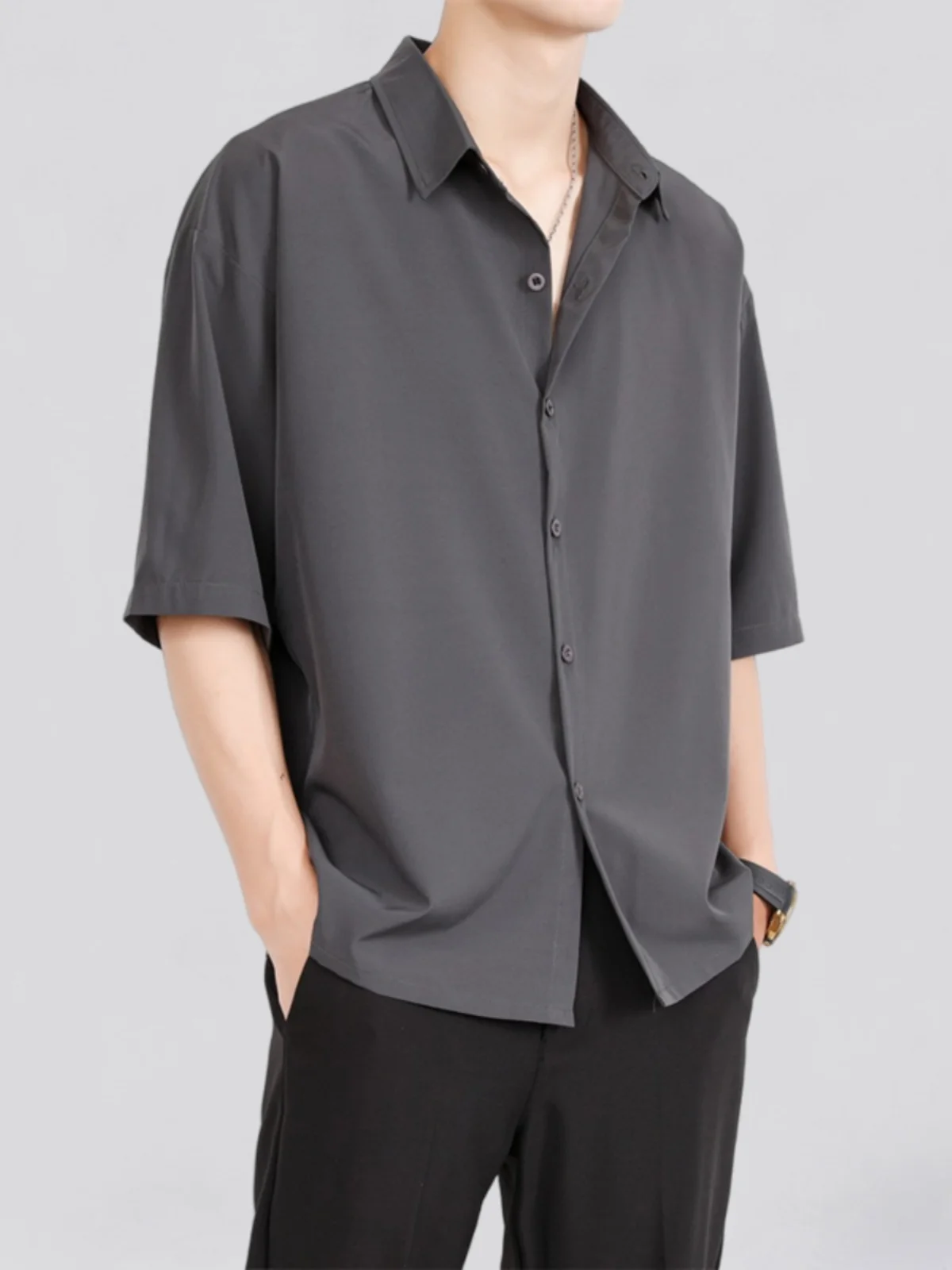 Ice Silk Men's Short Sleeve Shirt Casual Summer Trend Brand Loose Fit Youthful Black Casual Outerwear Four Or Five Sleeve Design