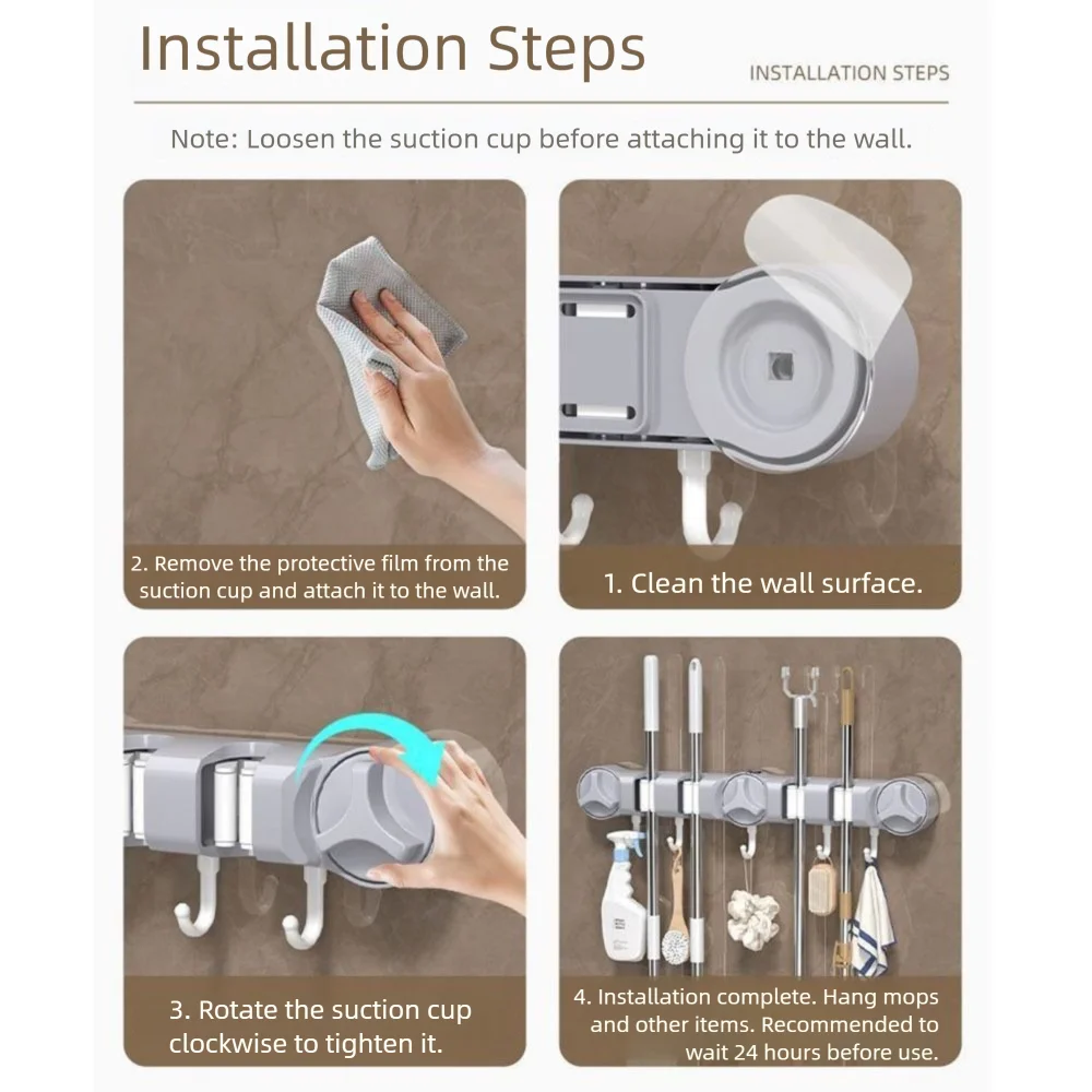 Soporte para fregona con ventosa de 4 posiciones, 5 ganchos, fuerte Clip fijo para fregona montado en la pared, reutilizable con gancho, soporte de montaje en pared con succión