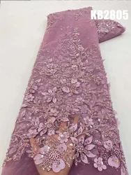 Telas de encaje con cuentas de flores en 3D de oro rosa, vestido de noche con cuentas de lentejuelas de lujo, telas de encaje francés bordadas para coser, KB2805, 2023