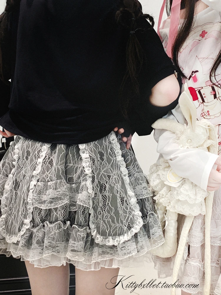 Japanese Original Double Layered Lace Edge Mini Skirt Autumn New Sweet Girl Elastic Waist Lolita Puff Skirt Cute Core Y2k Skirt