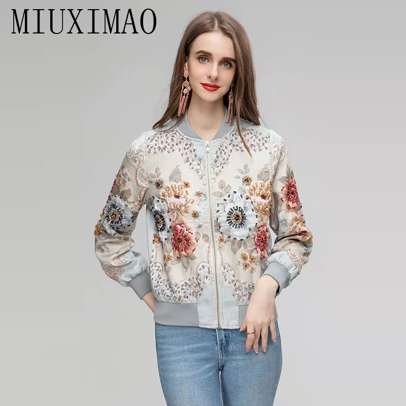 

MIUXIMAO 2023 Office Lady Fall Jacket Casual Full Sleeve Diamonds 3D Flower Sky Blue Jacquard Jackets for Women