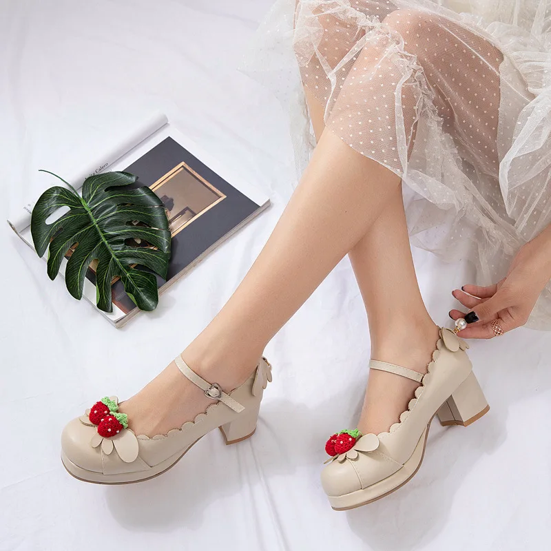 Women Platform Pumps Girls Mary Jane Lolita Shoes Strawberry Bow High Heels Princess Japan Cosplay Wedding Party Shoes 30-43