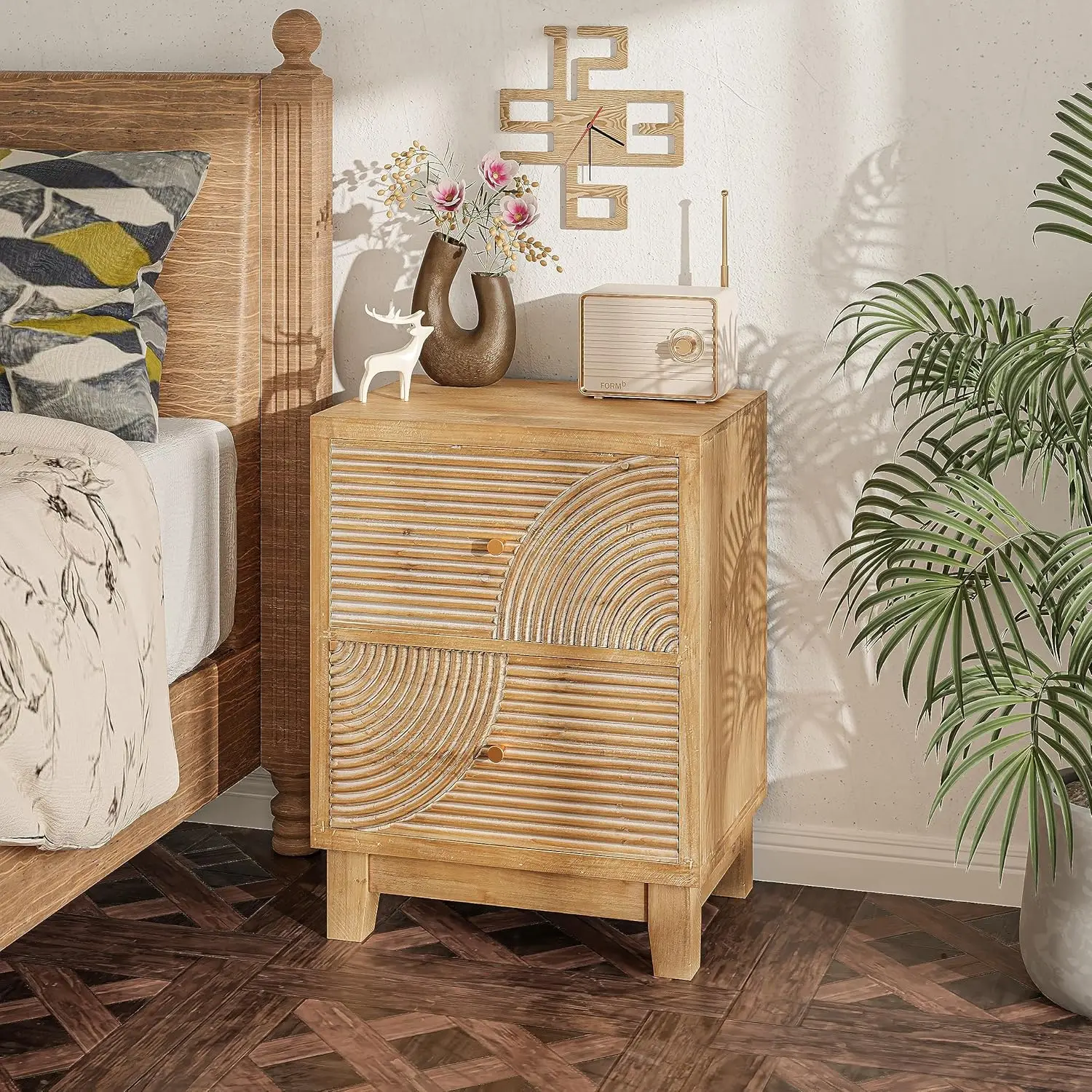 2-Drawer Farmhouse Nightstand, Mid Century Nightstand Fully Assembled with Handcrafted Wood Ring Pattern for Boho