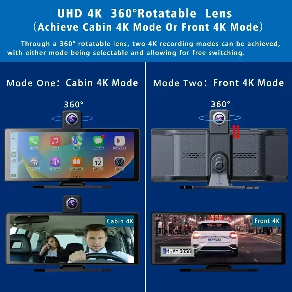 Srnubi 10,26" 350 ° Rotación 4K coche DVR cámara frontal y trasera grabadora de vídeo inalámbrica Carplay Android navegación automática vista trasera