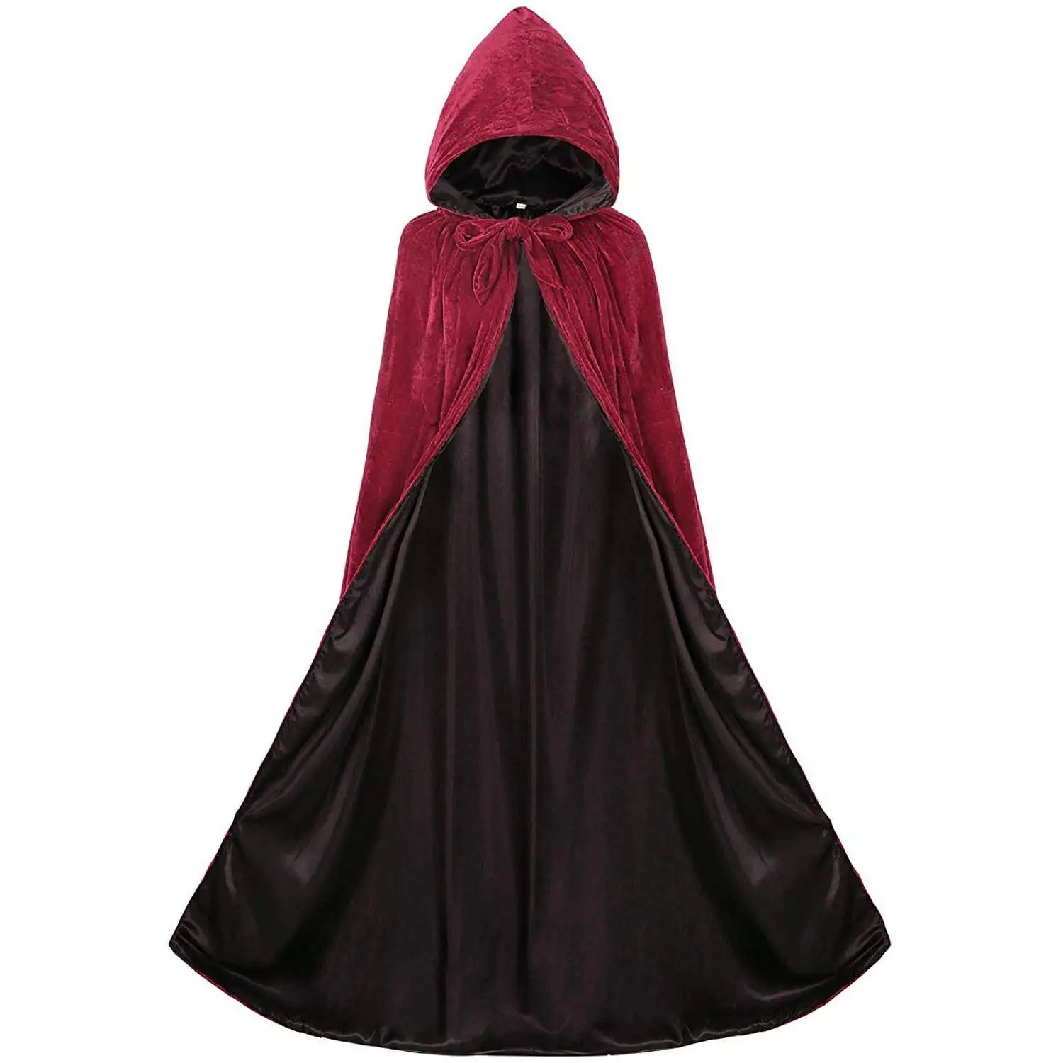 عباءة الهالوين المخملية ذات الطبقة المزدوجة مع غطاء للرأس باللون الأسود والأحمر والأحمر النبيذي، معطف للعروض، زي تقليدي للنسا...