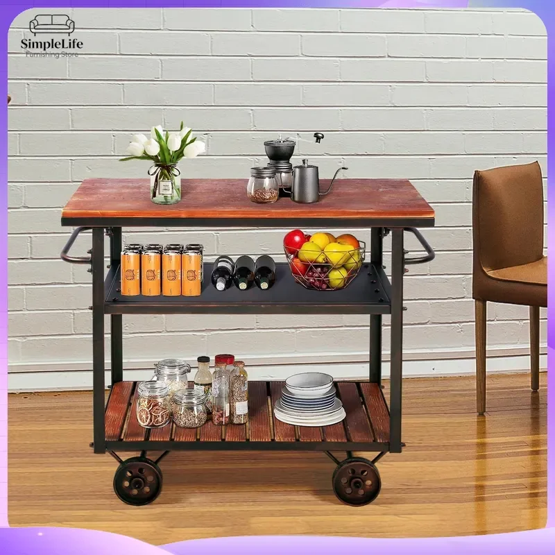Industrial Style Mobile Kitchen Cart with 3-Tier Storage Rack Rolling Trolley for Cooking Prep Serving and Restaurant Use