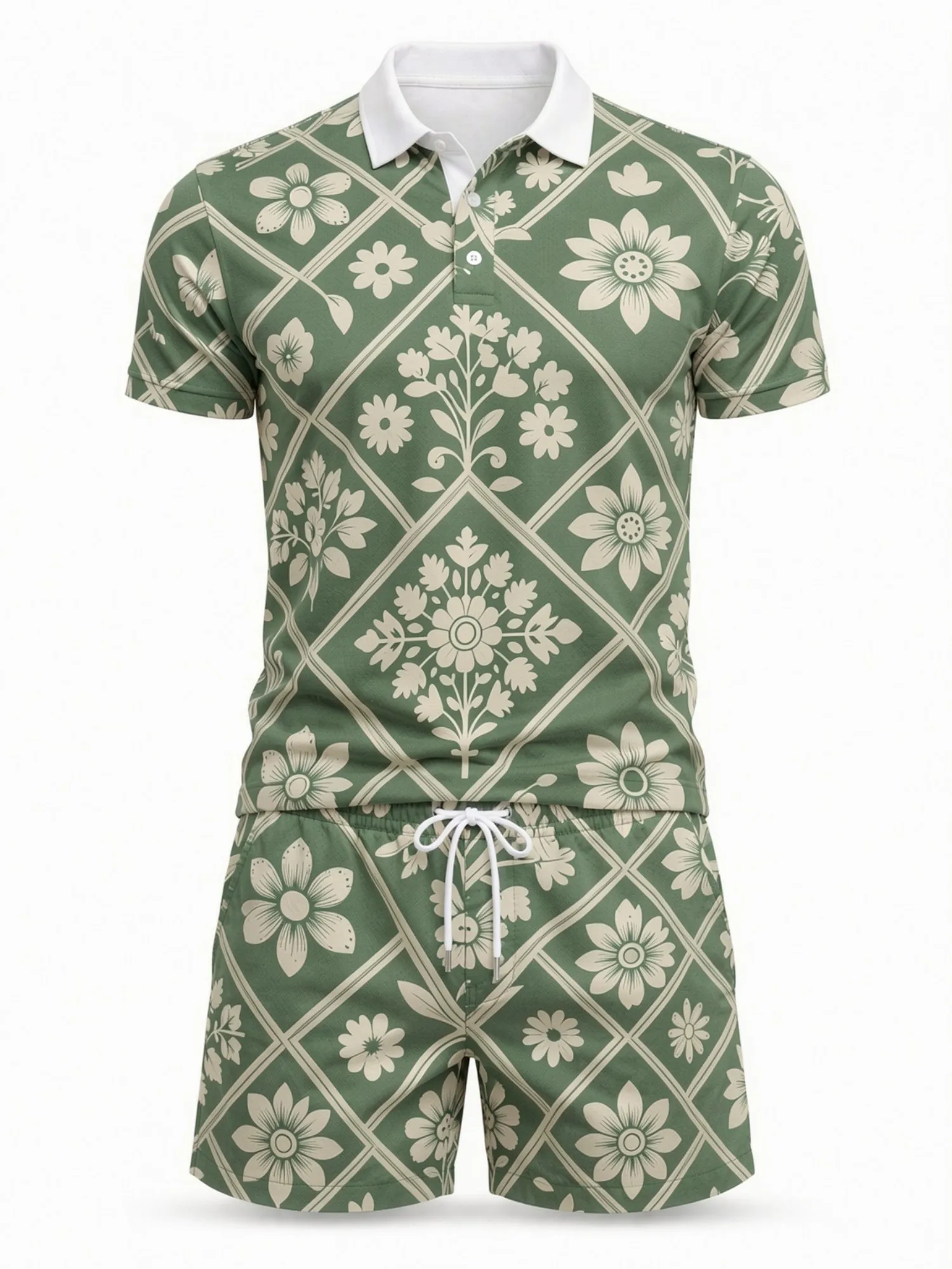 Mens Short Sleeve Polo Shirt and Shorts Set Casual Two Piece Summer Beach Vacation Matching Outfit Comfy Easy Casual Lounge Wear view 2