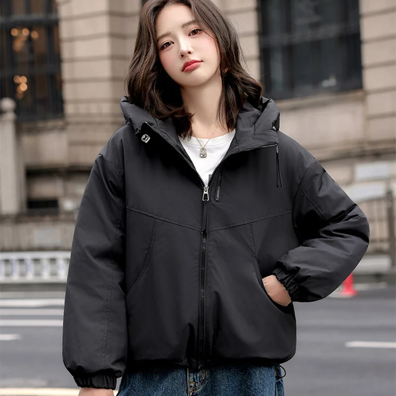 2023 neue Mit Kapuze Baumwolle Jacke Frauen Herbst Winter Verdicken Warme Windjacke Jacke Frau Chic Zipper Up Langarm Parkas Weibliche