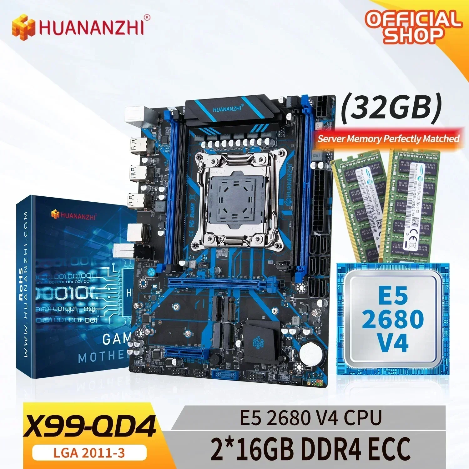 HUANANZHI X99 QD4 LGA 2011-3 XEON X99 Motherboard with Intel E5 2680 v4 with 2*16G DDR4 RECC memory combo kit set NVME SATA