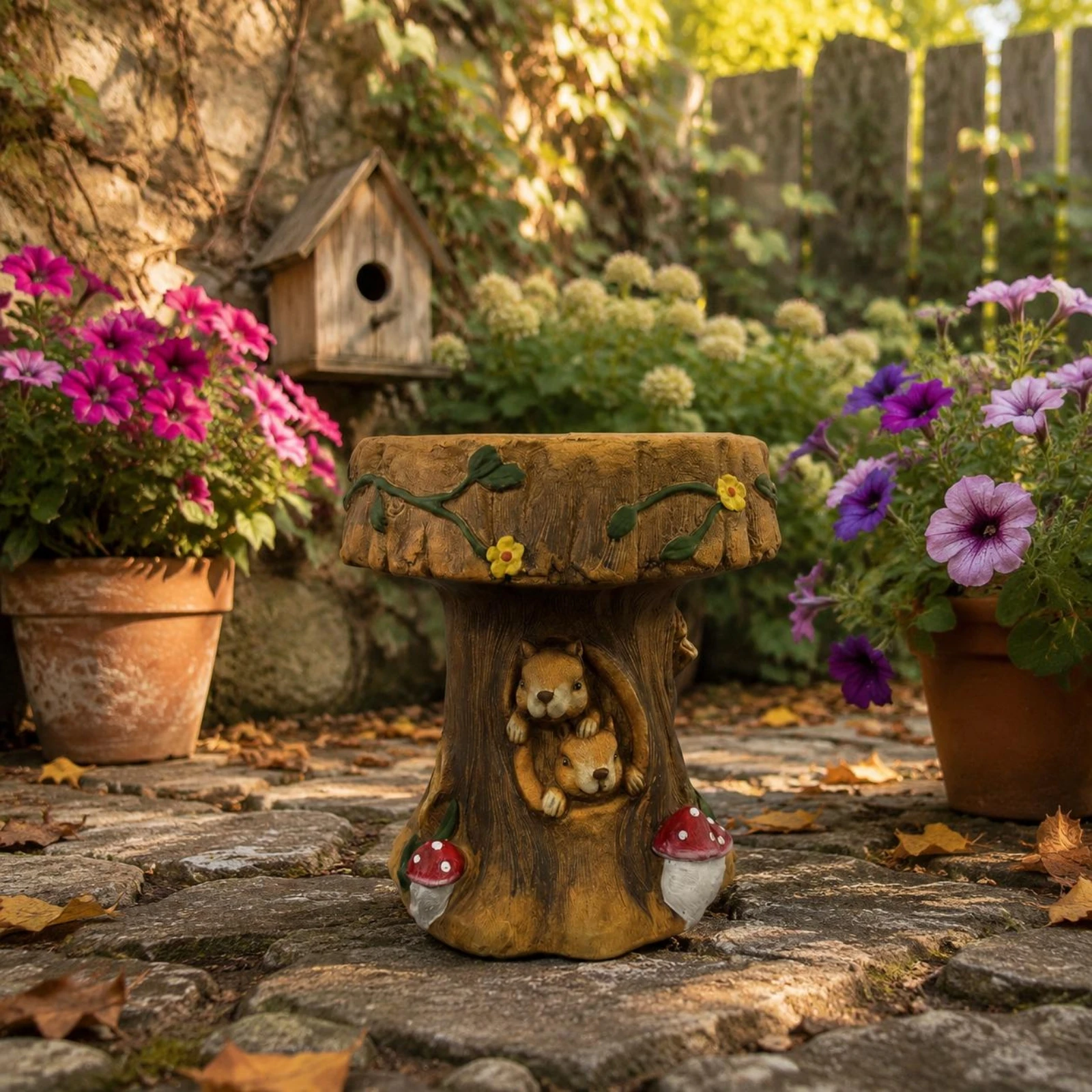 Squirrel Stool Whimsical Design Squirrel Carved Stool Resin Stump Seat Weathered Look Outdoor Decor Flat Top for Park