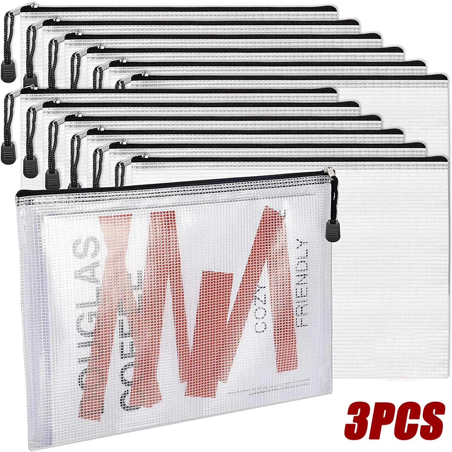 3PCS Mesh Zipper Pouch Document Bag Waterproof Zip File Folders A3/A4/A5 School Office Supplies Pencil Case Storage Bags