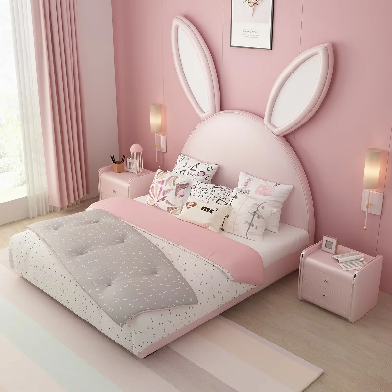 Pink rabbit children's bed solid wood leather bed girl single girl girl 1.5m cartoon bed princess bed storage