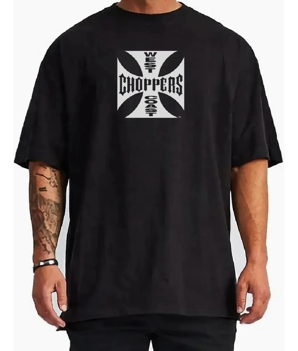 Men's Biker Cross Logo Streetwear Vintage Washed T-Shirt, West Coast Motorcycle Culture Graphic Tee