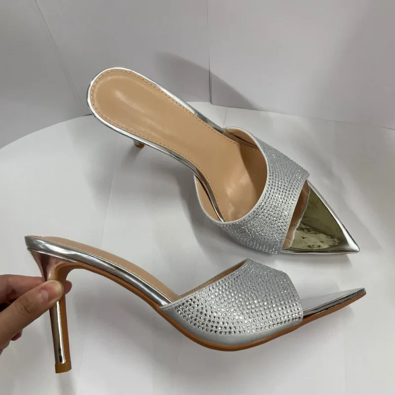 

Летние женские красивые босоножки на высоком каблуке со стразами на шпильке, тапочки с юбками, туфли на высоком каблуке с острым носком