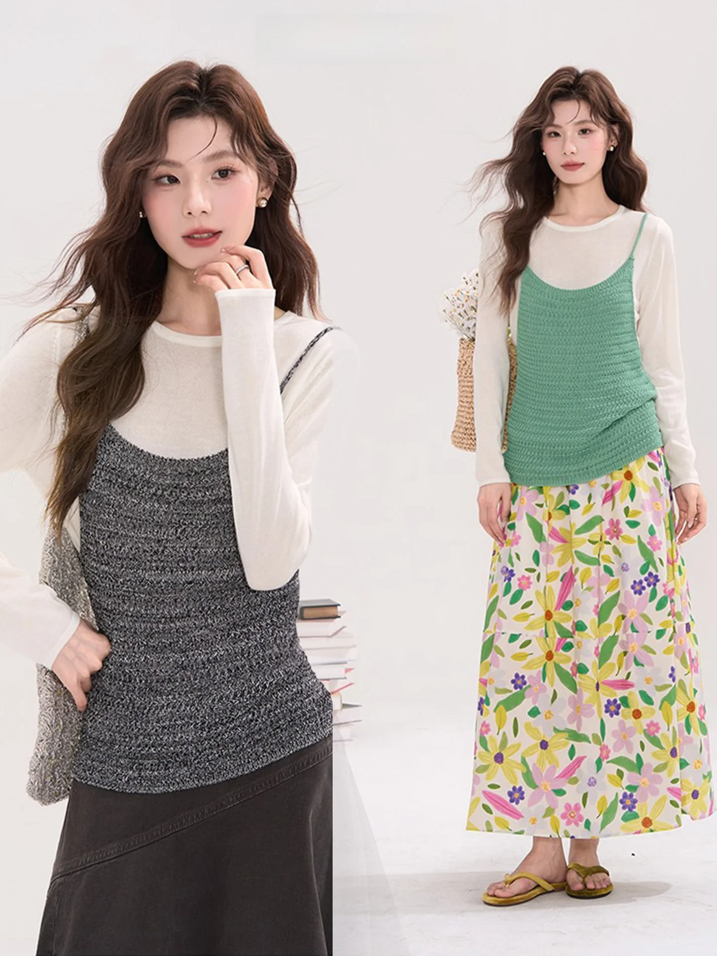 

Женский повседневный комплект из двух предметов: вязаный льняной топ на бретельках и базовая рубашка с длинным рукавом и круглым вырезом, цвет Heme Matcha Cake