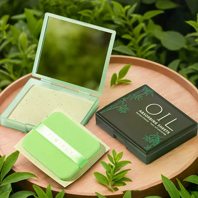 100 Sheets/Box Oil-Absorbing Paper With Mirror & Puff Portable Oil-Holding Bamboo Charcoal Paper For Makeup