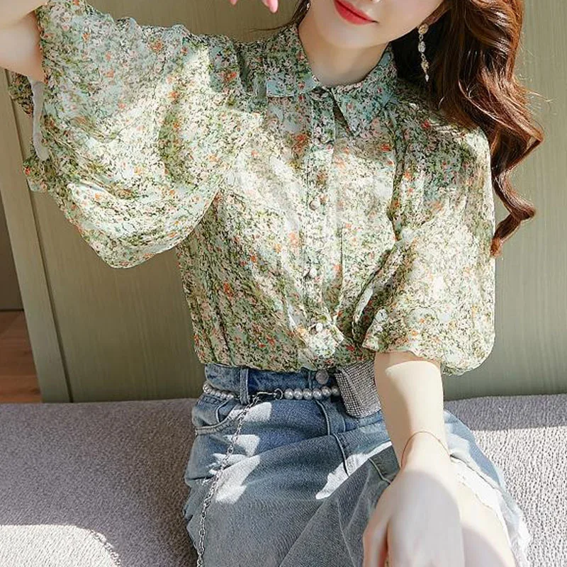 Women\'s Loose Elegant Puff Sleeve Floral Printed Blouse Summer Korean All-match Turn-down Collar Shirt Fashion Female Clothing