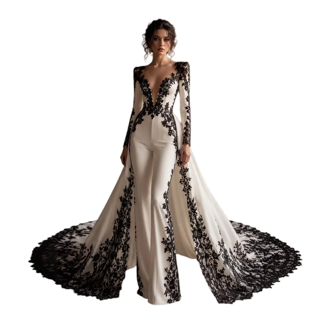 Black And White Wedding Dress Women Jumpsuit With Detachable Train Lace Appliques Deep V Neck Long Sleeve Bridal Gown Customized
