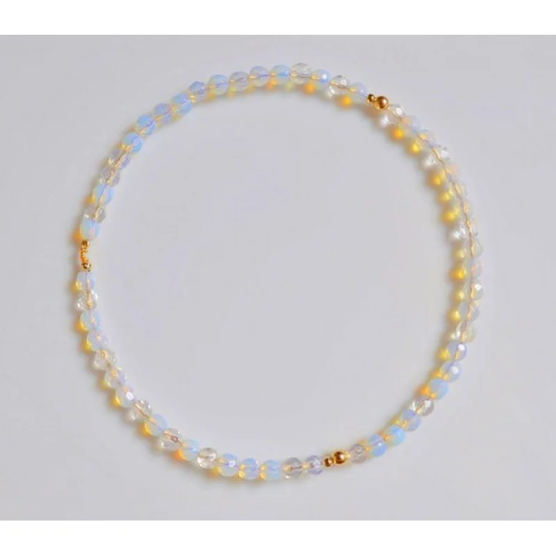 Faceted White Opal Opalite 14K Yellow Gold Bangle Bracelet Handcrafted