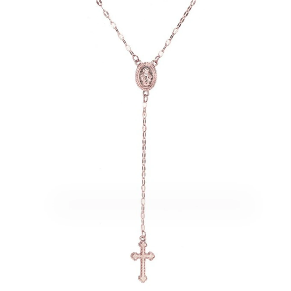 Virgin Mary Metal Necklaces with Cross Pendant for Gold and Silver Color Prayer Collar Long Sweater Chain Necklace for Women Men