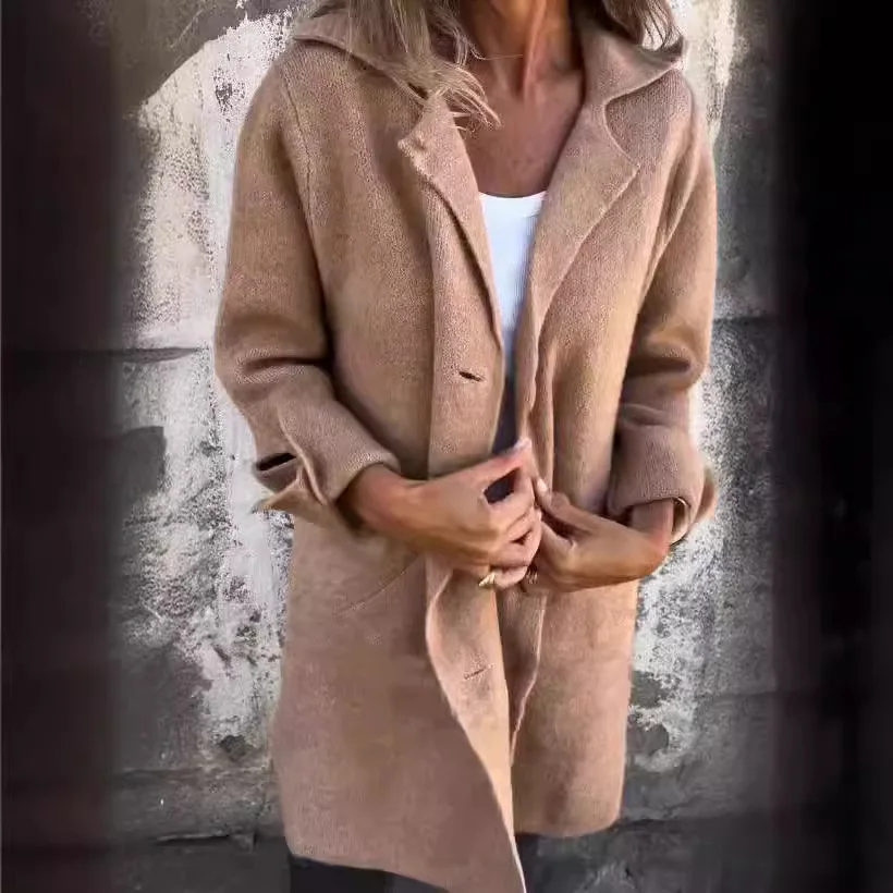 Cardigan con colletto in puro colore da donna autunno inverno con bottone singolo cappotto di lana di media lunghezza transfrontaliero New Sle