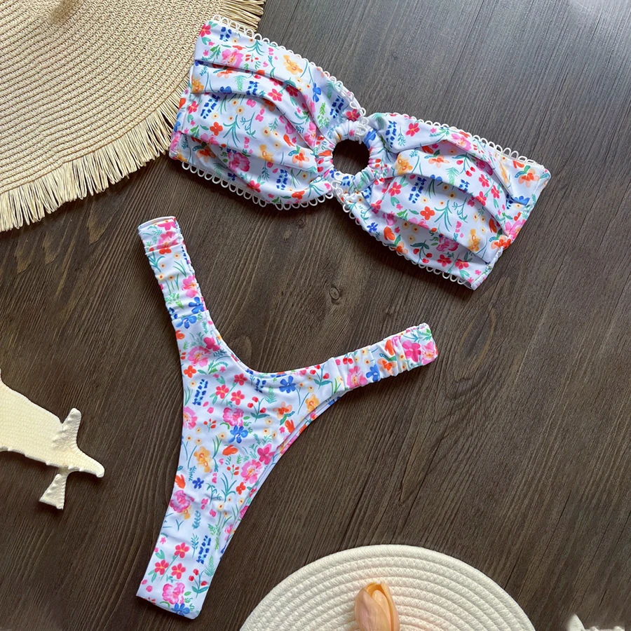 

Para Praia Floral Print Thong Bikini 2025 Sexy Bandeau Swimwear Women Brazilian Swimsuit Thong Biquini Bandage Bathing Suit
