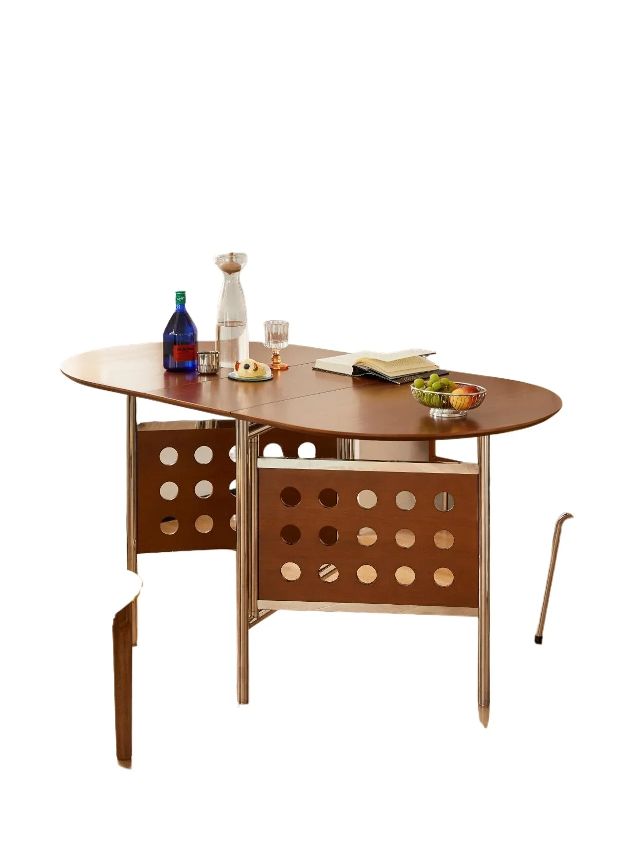

Medieval solid wood folding table small apartment household stainless steel oval table