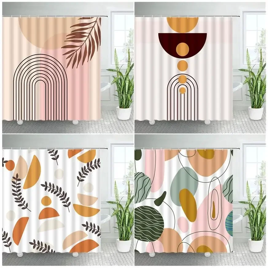 Abstract Mid Century Shower Curtain Modern Boho Black Lines Leaves Geometric Creative Art Cloth Bathroom Decor Bath Curtains Set