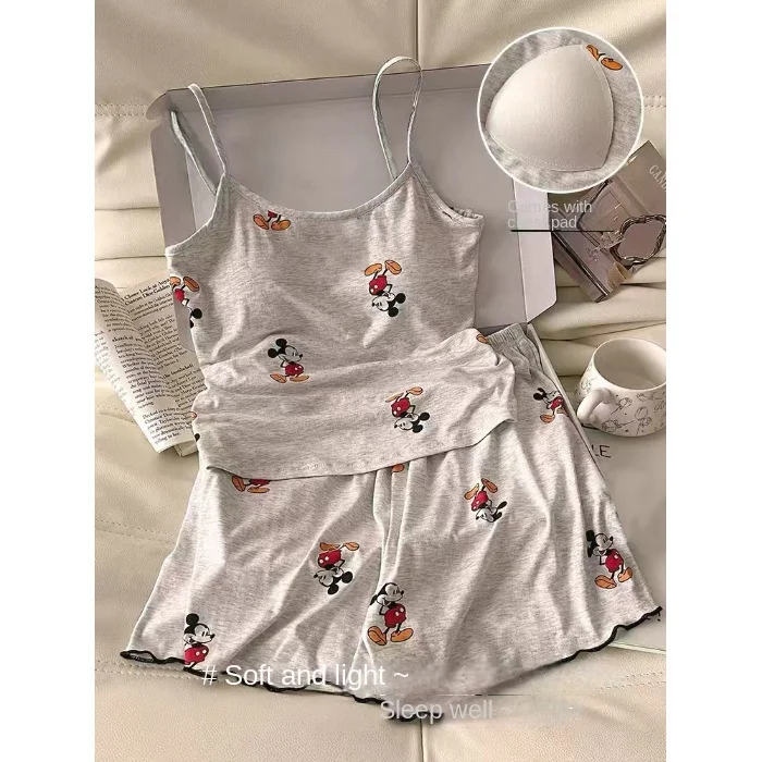 

Pajamas Set Women's Sweet Home Clothes Summer Sleepwear Set with Chest Pad Girl Cartoon Print Vest Shorts Mickey Bedroom Set
